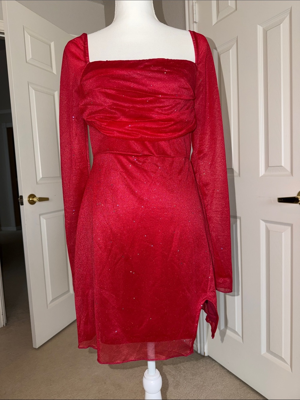 Cider Red Long-Sleeve Ruched Mini Dress, Party or Halloween